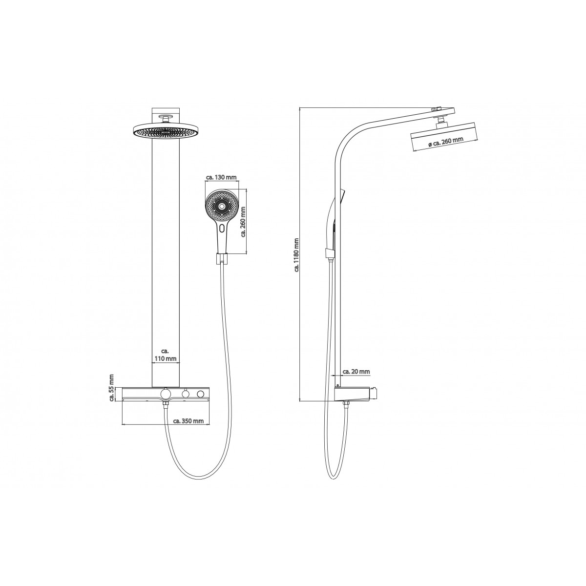 SAMOA RAIN Set de douche à l'envers avec tablette de douche thermostatique, Chromé/Gris Clair