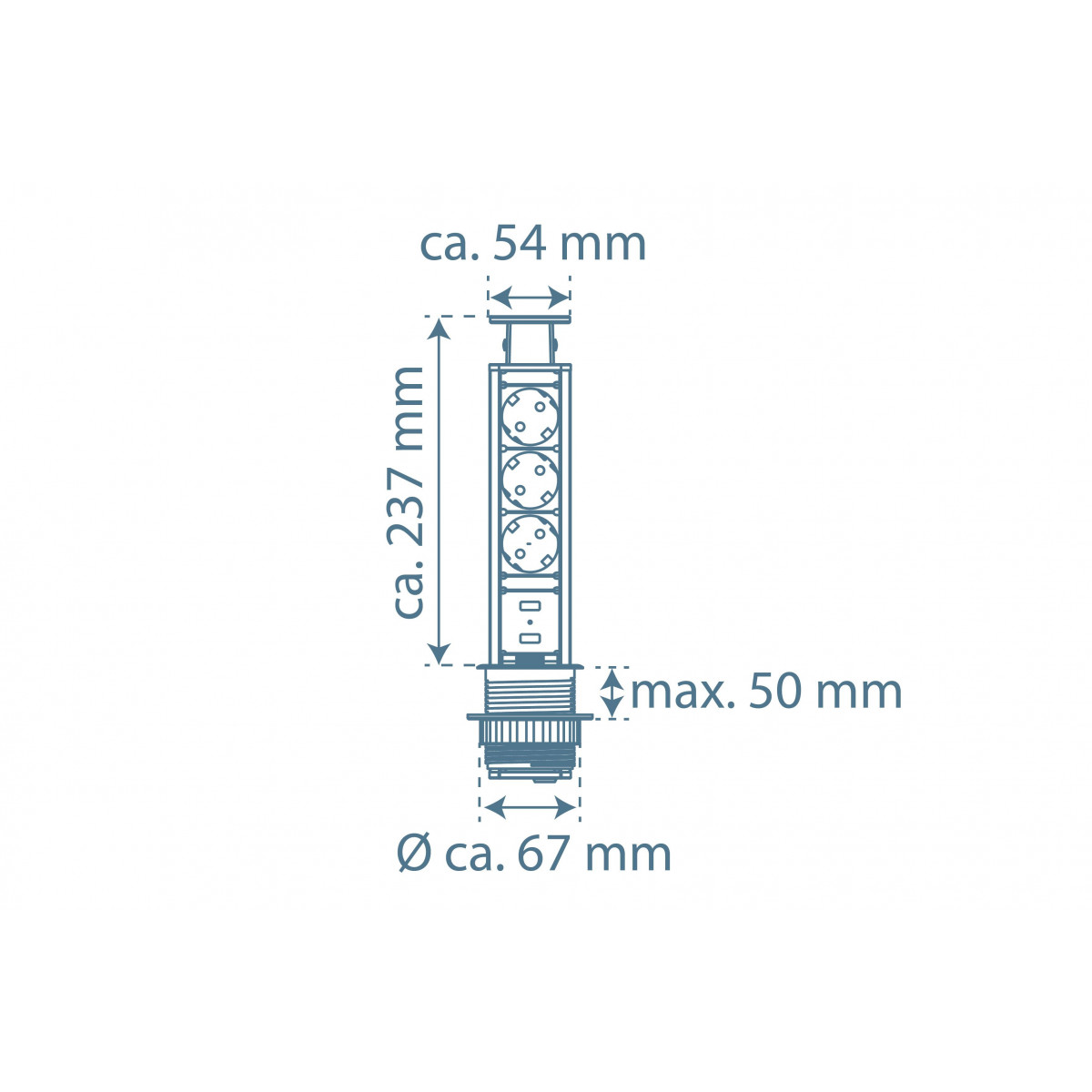 E1 Einbausteckdose, versenkbar, 3-fach und 2 x USB