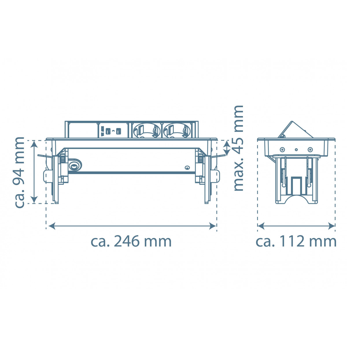 E2 Einbausteckdose, versenkbar, 2-fach und 2 x USB