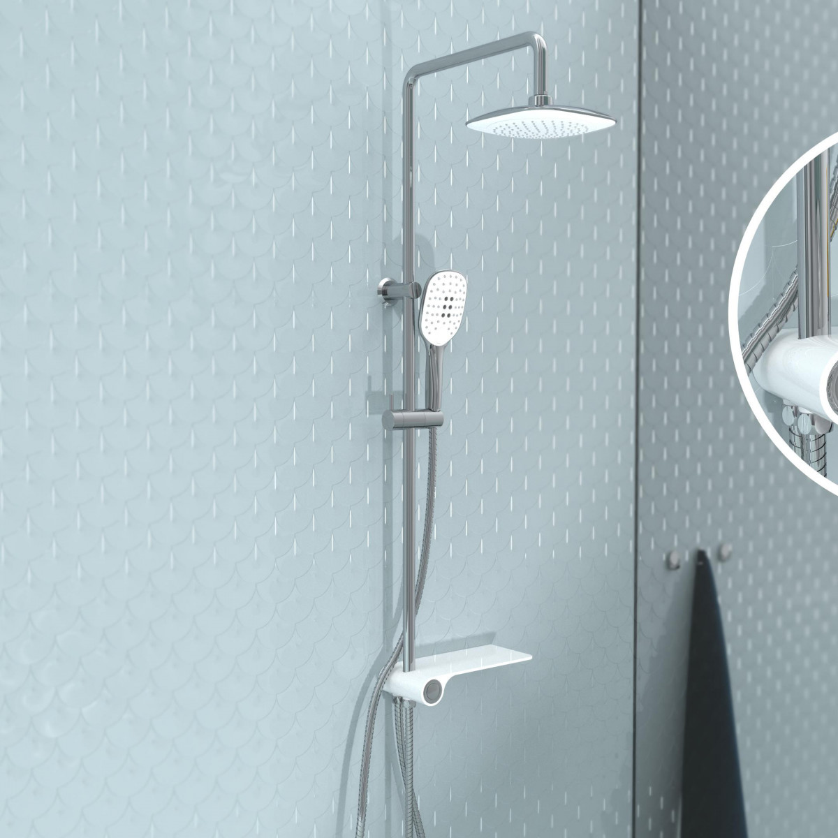AQUASTAR Overhead shower set, chrome/ white, with tray (lateral diverter)