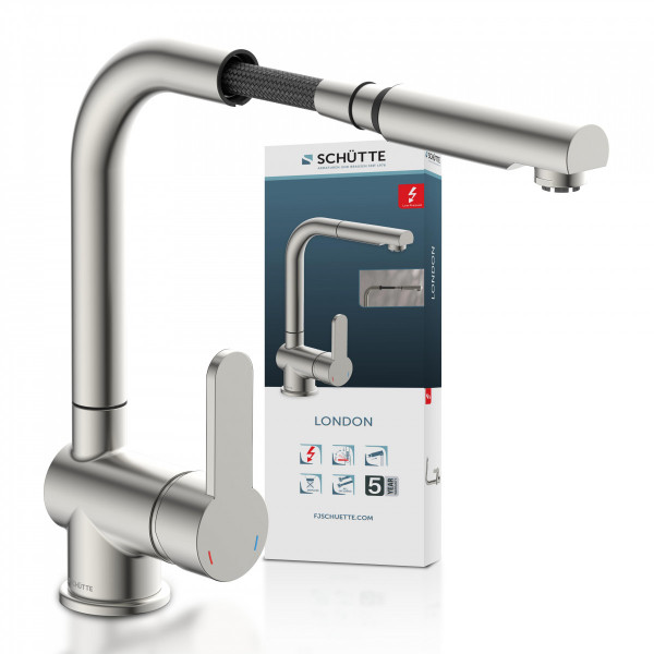 LONDON Sink mixer low pressure, stainless steel look, with pull-out spout LONDON Sink mixer low pressure, stainless steel look, with pull-out spout