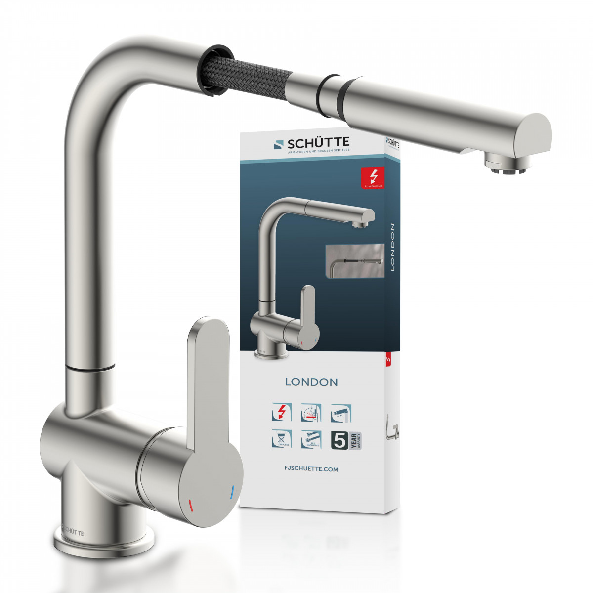 LONDON Sink mixer low pressure, stainless steel look, with pull-out spout