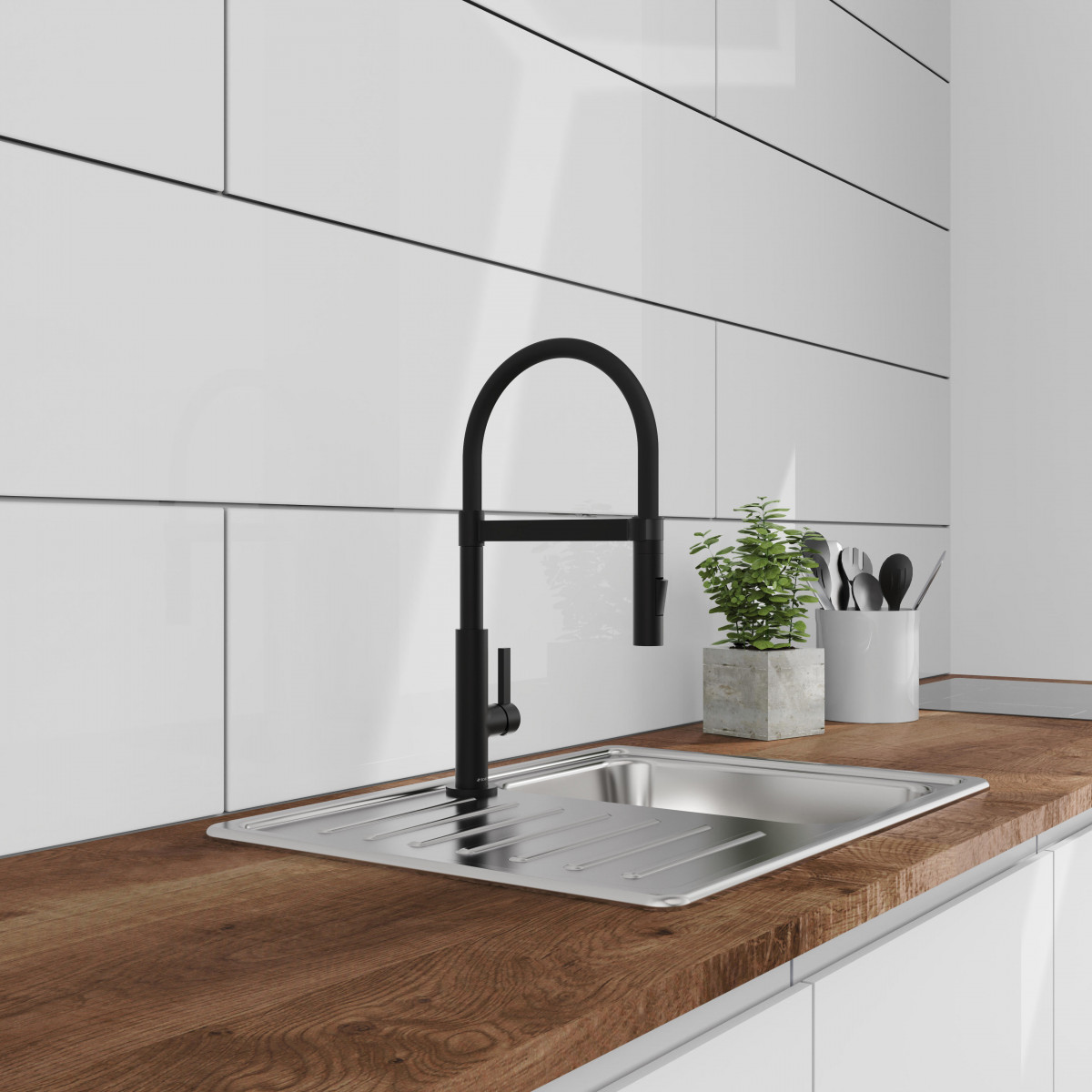 MIAMI Sink mixer, black matt, with soft-touch hose
