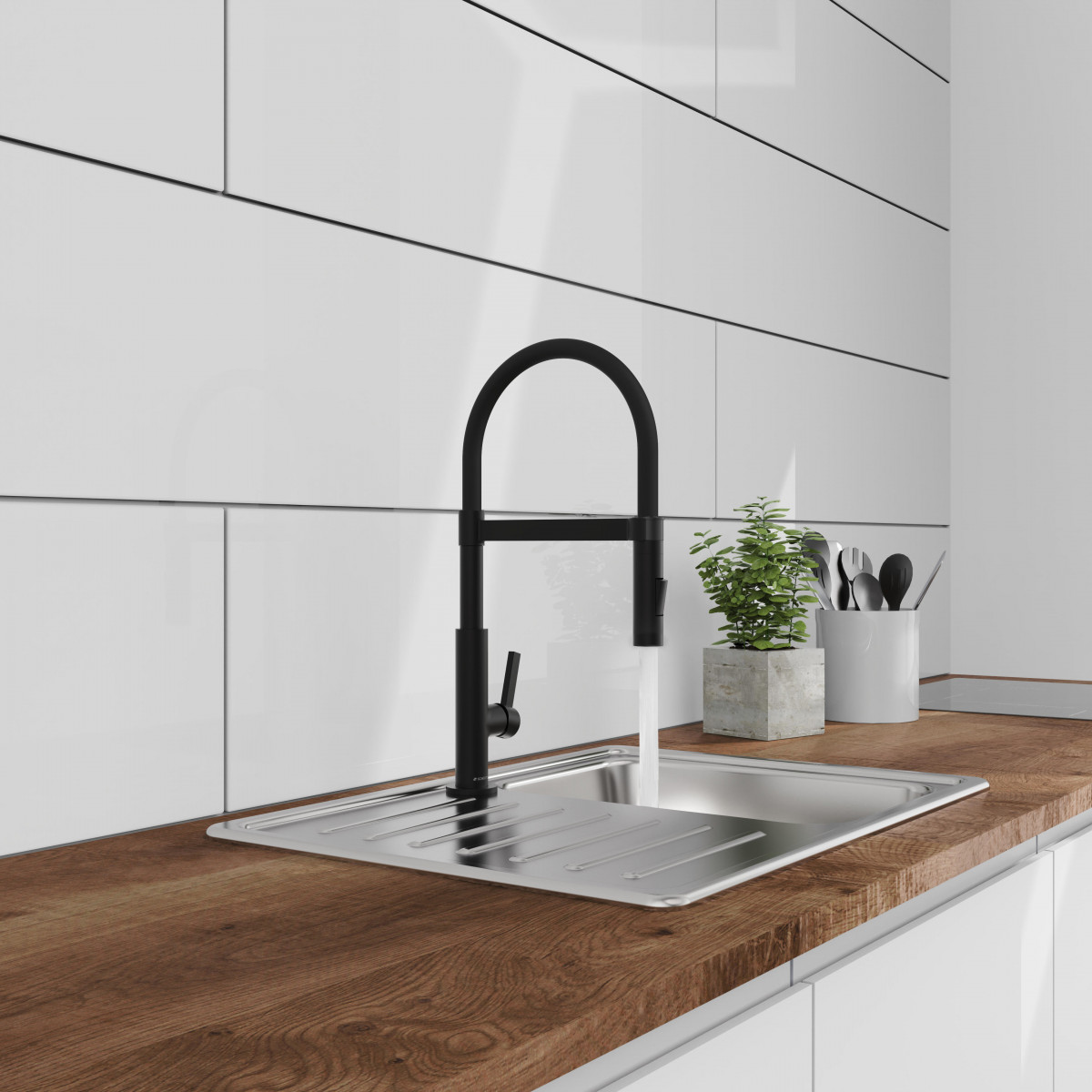 MIAMI Sink mixer, black matt, with soft-touch hose