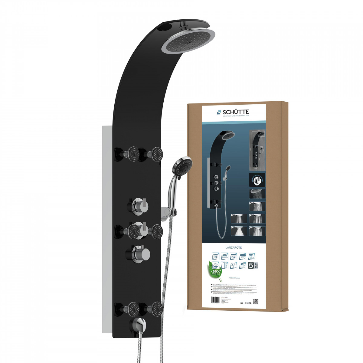 LANZAROTE Shower panel, thermostatic mixer, glass/ black