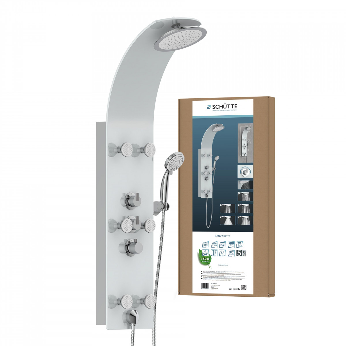 LANZAROTE Shower panel III, with thermostatic mixer, glass/ white