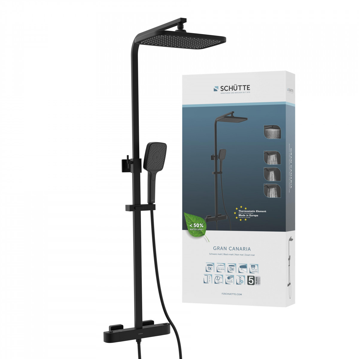 GRAN CANARIA Set douche de pluie avec Mitigeur thermostatique • Noir mat