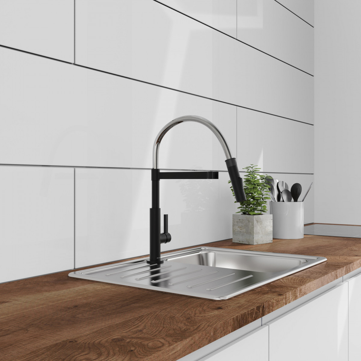 MIAMI Sink mixer, chrome/black matt, with spiral spring