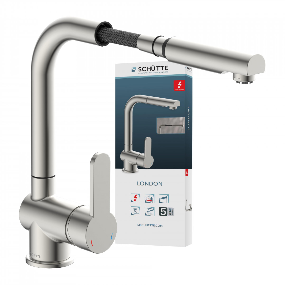 LONDON Sink mixer low pressure, stainless steel look, with pull-out spout