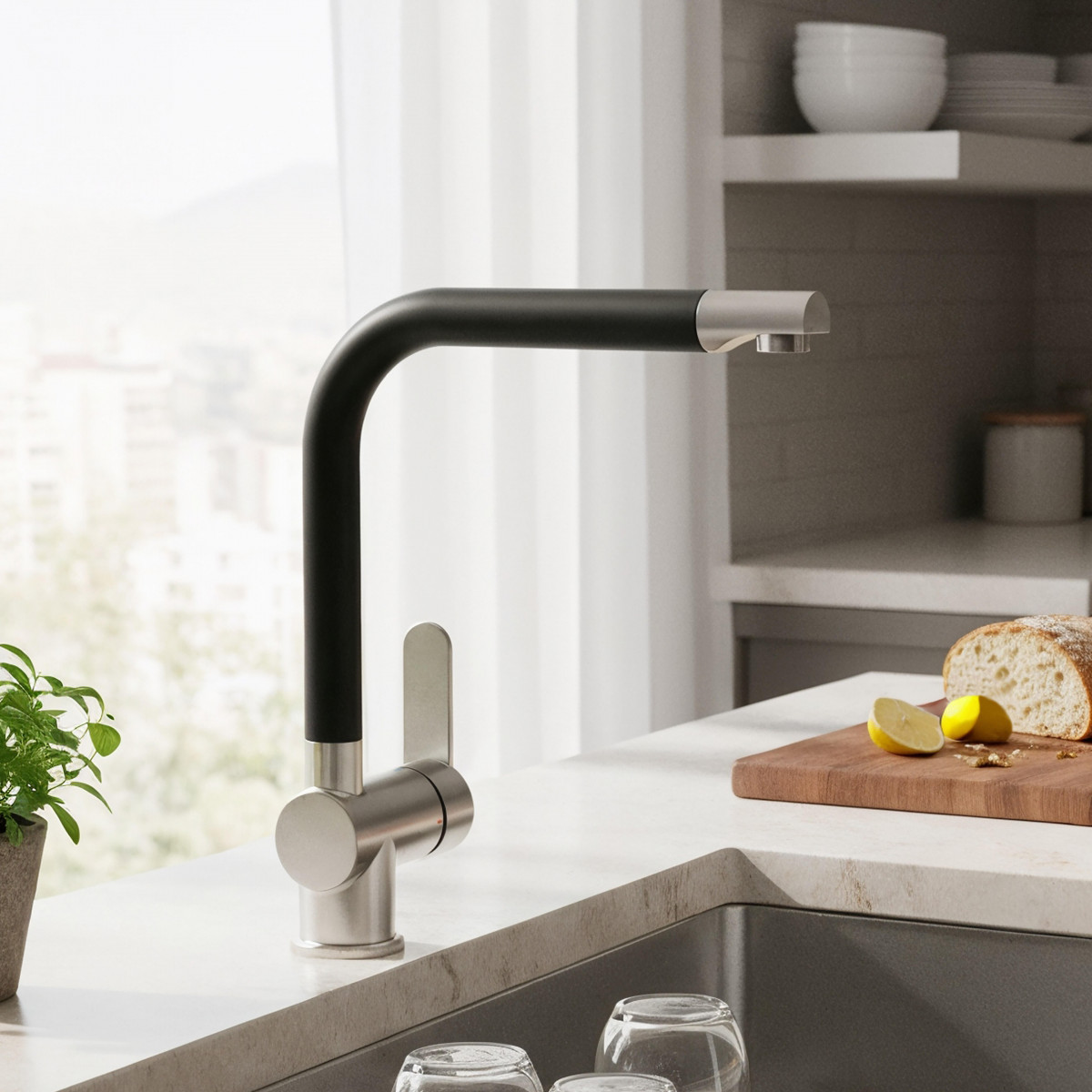 RIO mitigeur cuisine avec bec haut, apparence acier inoxydable / noir mat