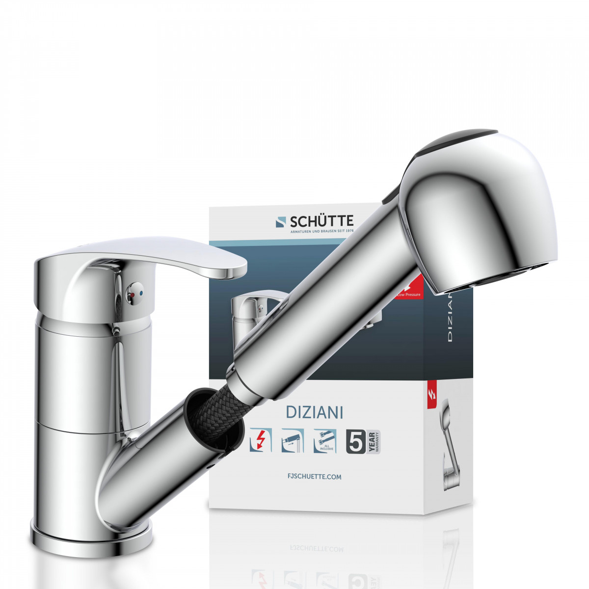 DIZIANI Sink mixer low pressure, chrome, with pull-out sprayer