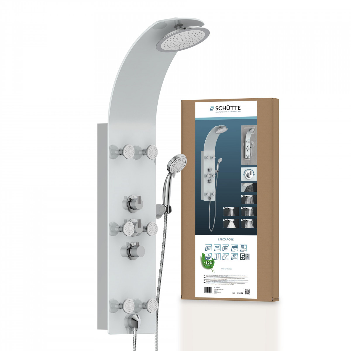 LANZAROTE Shower panel III, with thermostatic mixer, glass/ white