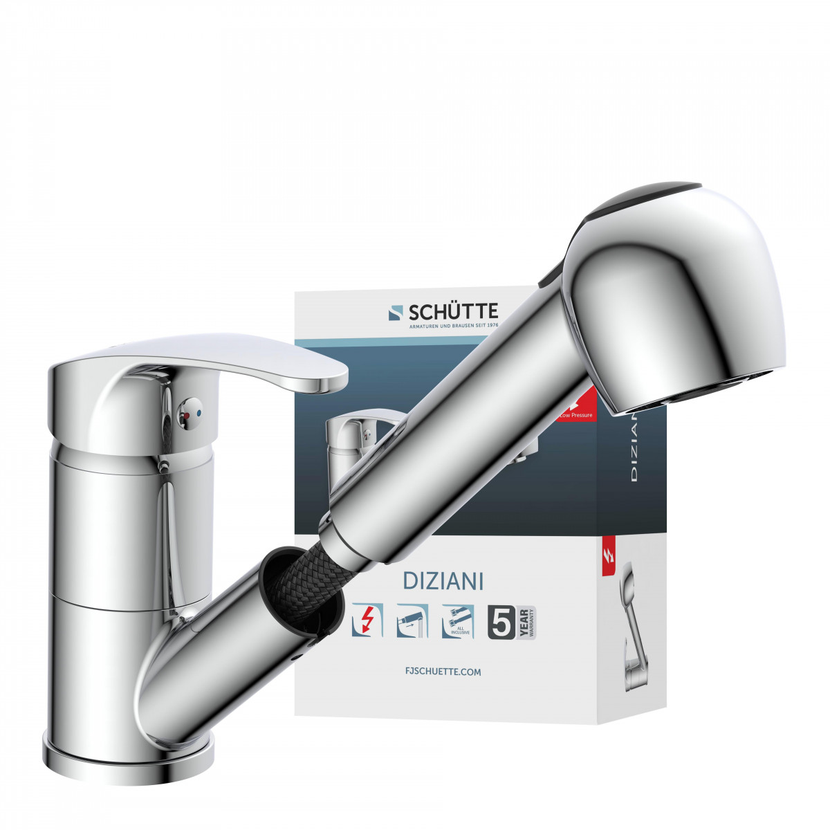 DIZIANI Sink mixer low pressure, chrome, with pull-out sprayer