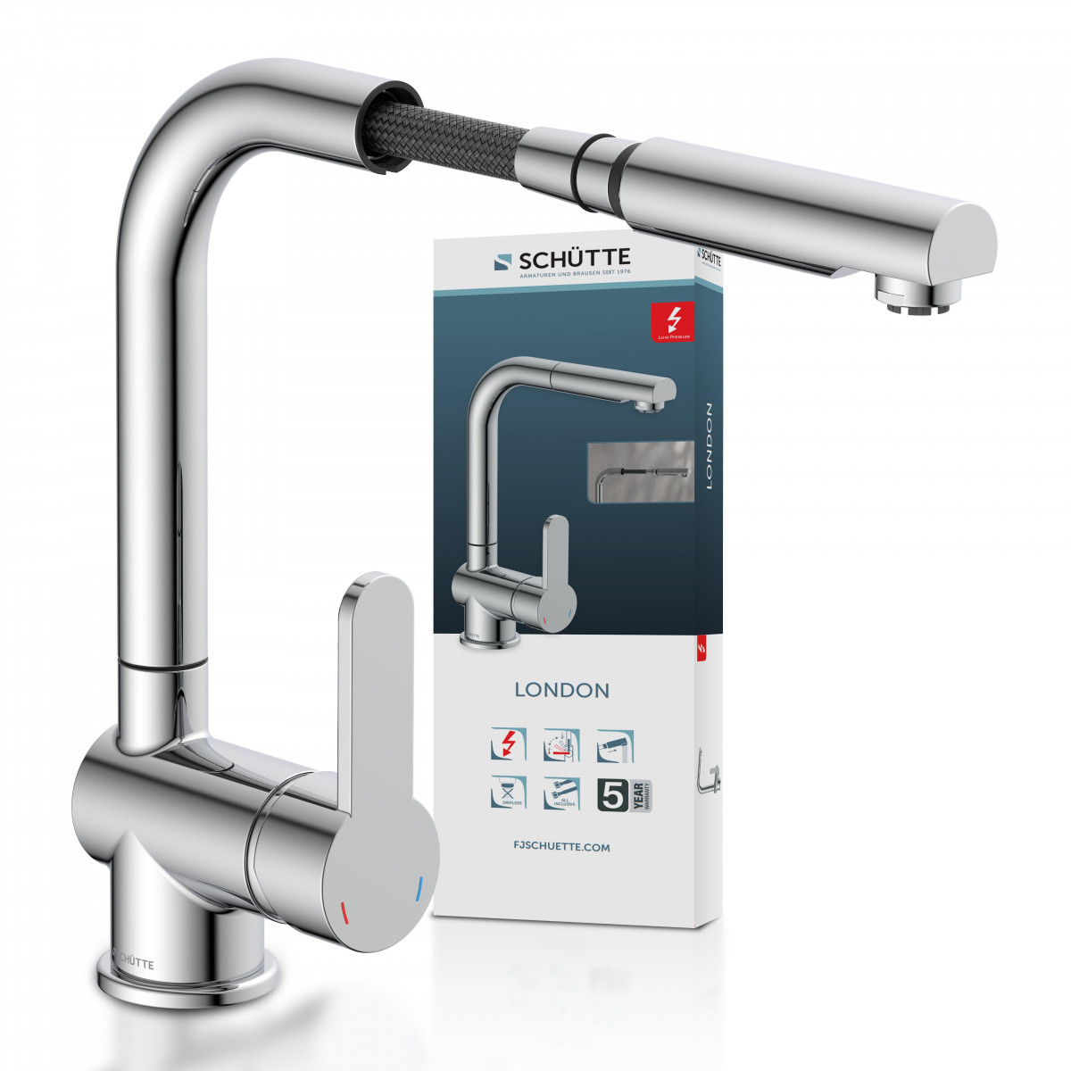 LONDON Sink mixer low pressure, chrome, with pull-out spout