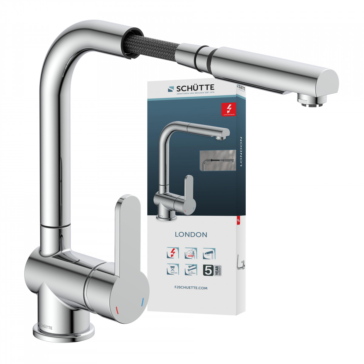 LONDON Sink mixer low pressure, chrome, with pull-out spout