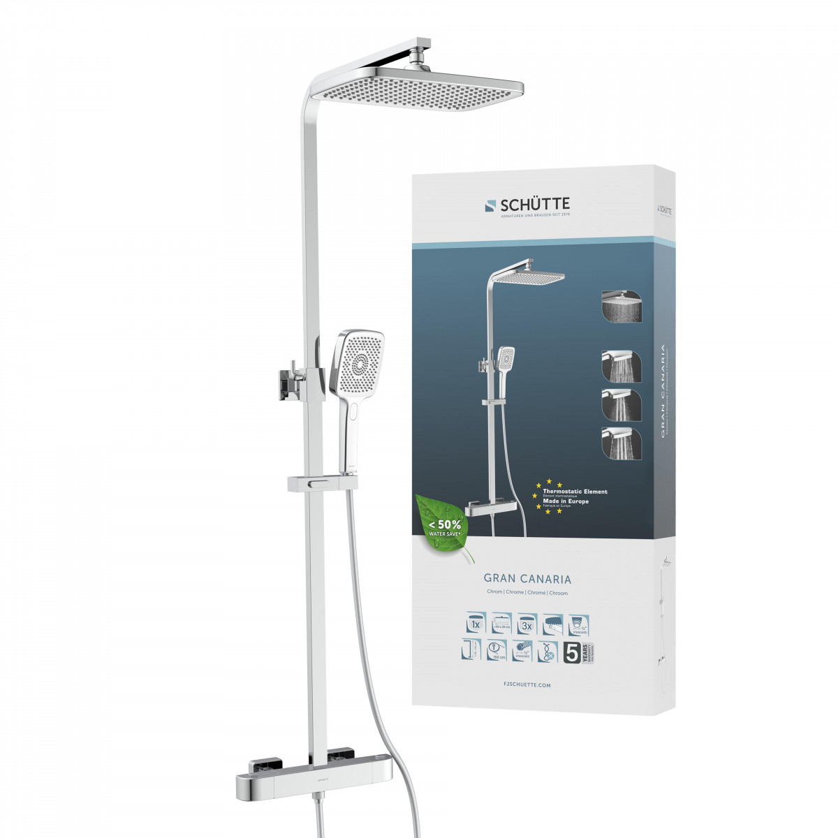 GRAN CANARIA Regendouche set met thermostatische kraan, Chroom