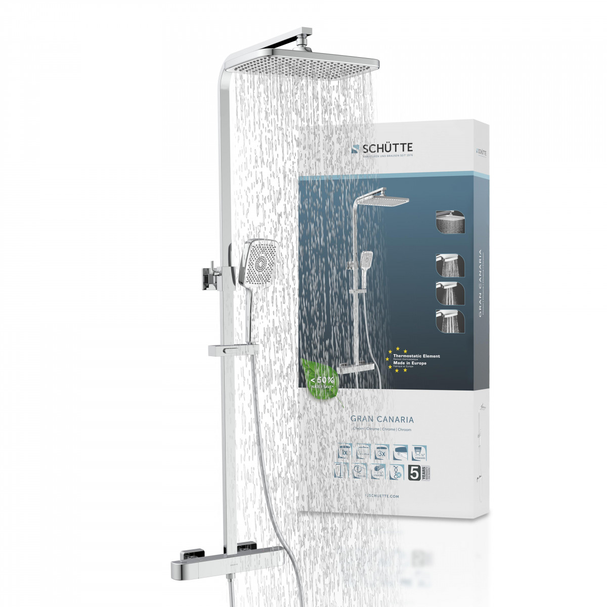 GRAN CANARIA Regendouche set met thermostatische kraan, Chroom