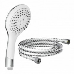Handbrause mit rundem Duschkopf und flexiblem Metallschlauch in Chromoptik.