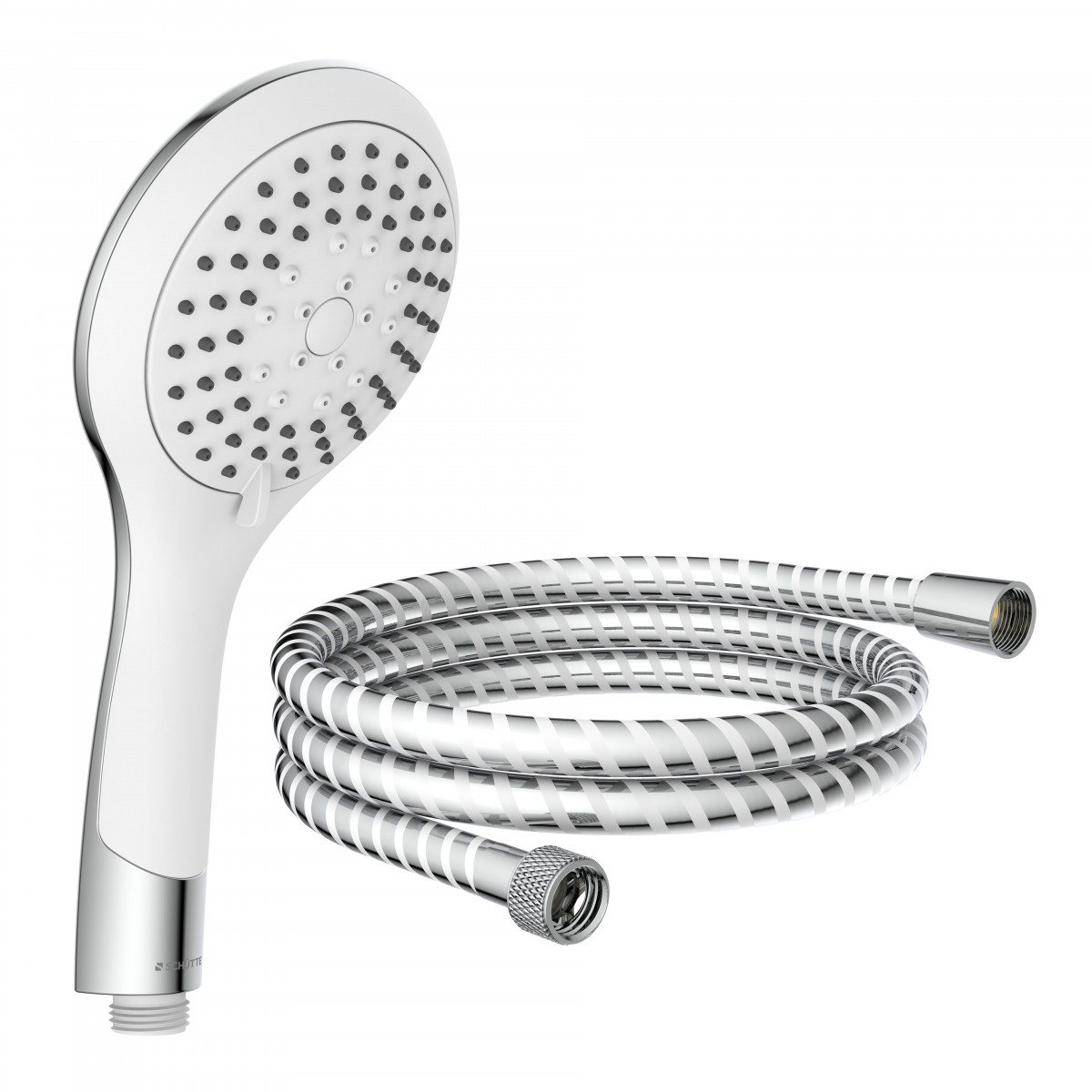 Handbrause mit rundem Duschkopf und flexiblem Metallschlauch in Chromoptik.