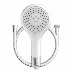 Handbrause mit rundem Duschkopf, vielen Düsen und silbernem Brauseschlauch