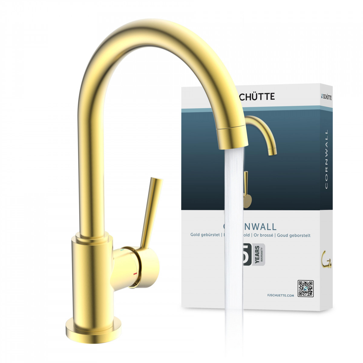 Goldfarbene Küchenarmatur mit hohem gebogenem Auslauf und seitlichem Hebel, Wasser läuft heraus.