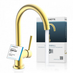 Goldfarbene Küchenarmatur mit hohem gebogenem Auslauf und seitlichem Hebel, Wasser läuft.