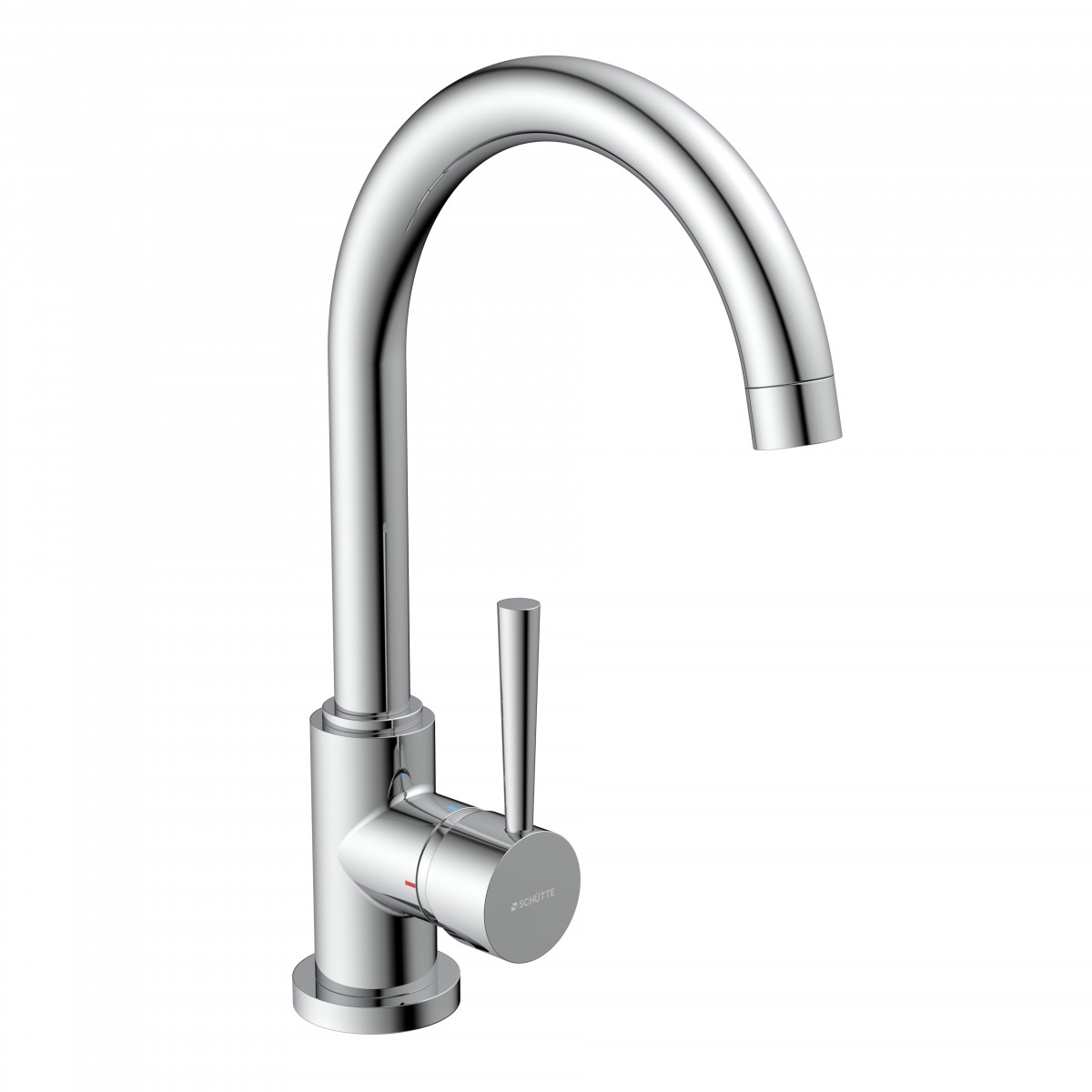 Chromfarbene Einhebel-Armatur mit hohem, gebogenem Auslauf und seitlichem Hebel.
