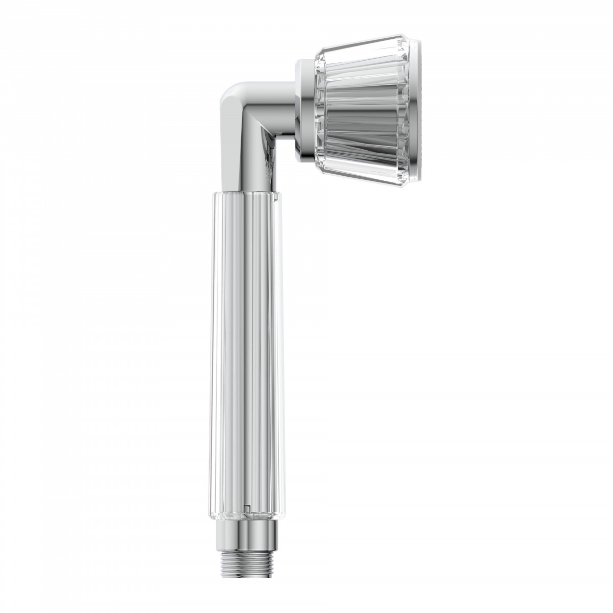 Handbrause mit klarem, geriffeltem Griff und schrägem Brausekopf in Chromoptik.