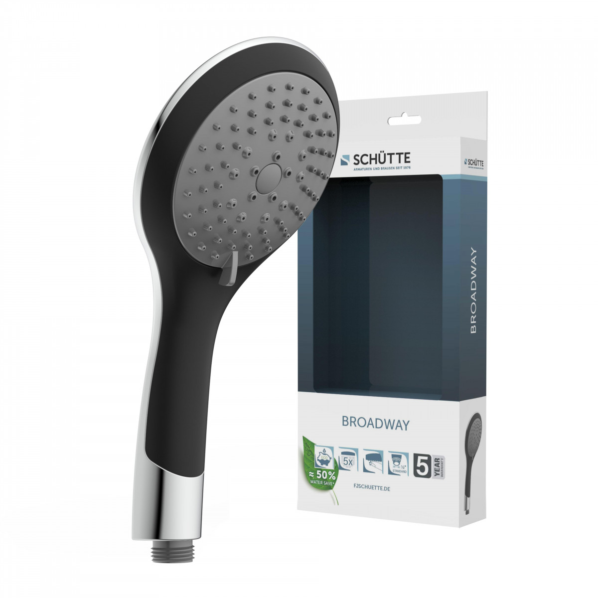 Handbrause mit schwarzem Griff und silberner Brausefläche vor passender Verpackung - Schütte Broadway.
