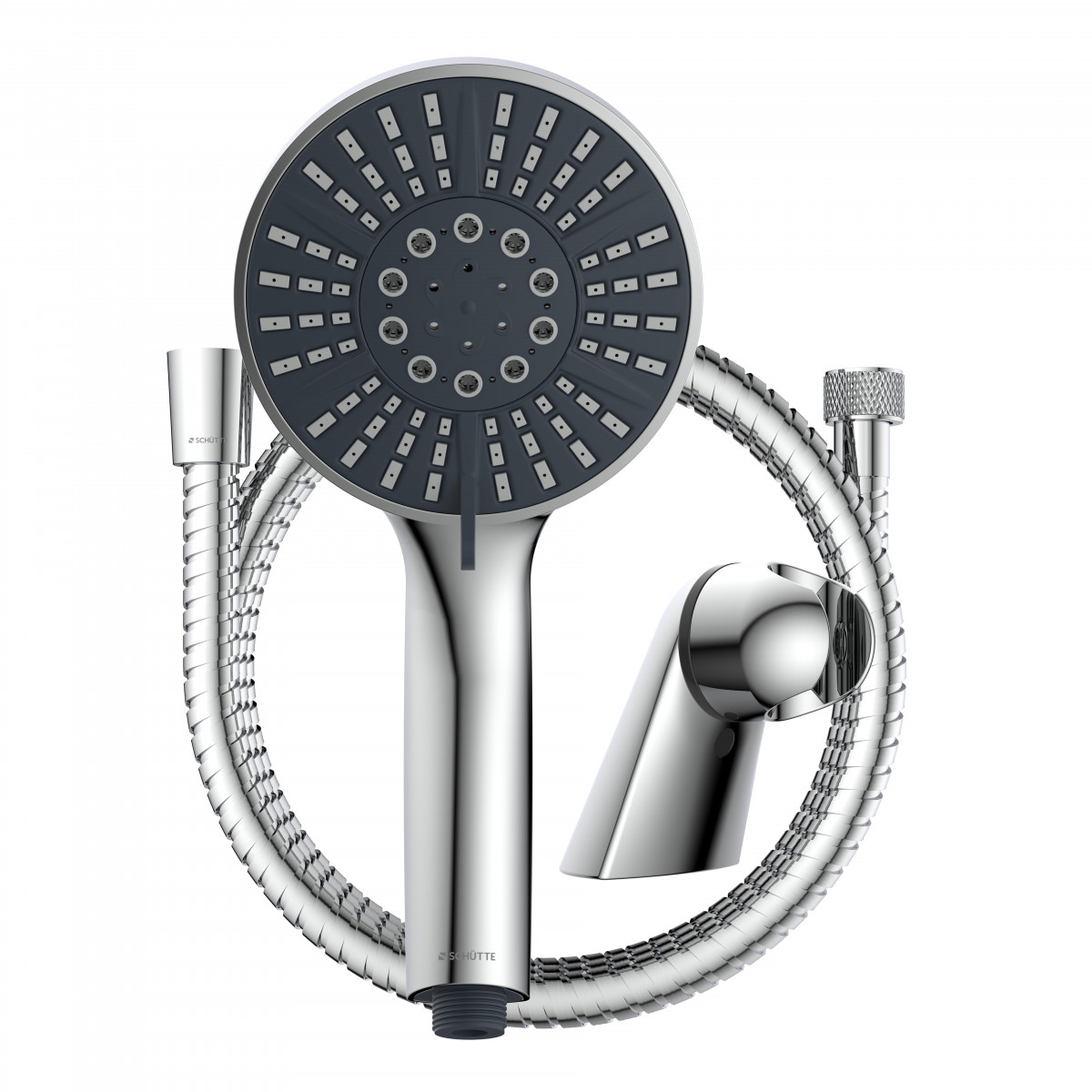 Handbrause mit rundem Duschkopf, flexiblem Metallschlauch und Wandhalterung.