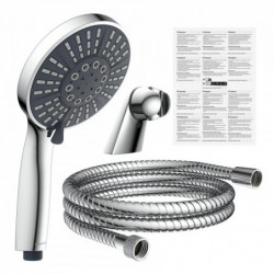 Handbrause mit rundem Duschkopf, Wandhalter und Metallschlauch in Chromoptik.