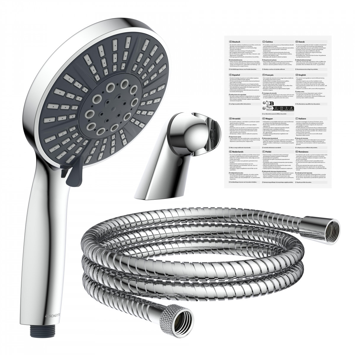 Handbrause mit rundem Duschkopf, Wandhalter und Metallschlauch in Chromoptik.