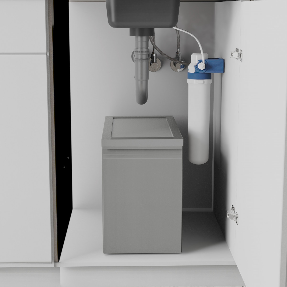 Wasserfilter mit blauem Gehäuse unter Spülbecken im Unterschrank montiert