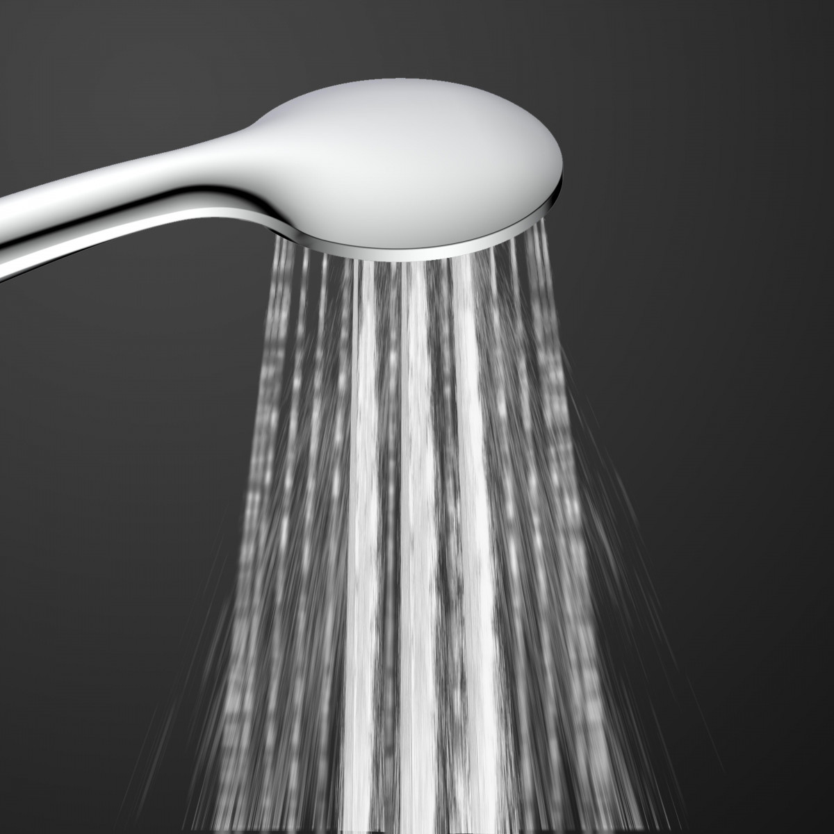 Verchromter Duschkopf mit ovalem Kopf, aus dem Wasserstrahlen fließen.