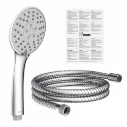 Handbrause mit runder Kopfbrause und flexiblem Metallschlauch, verchromt.
