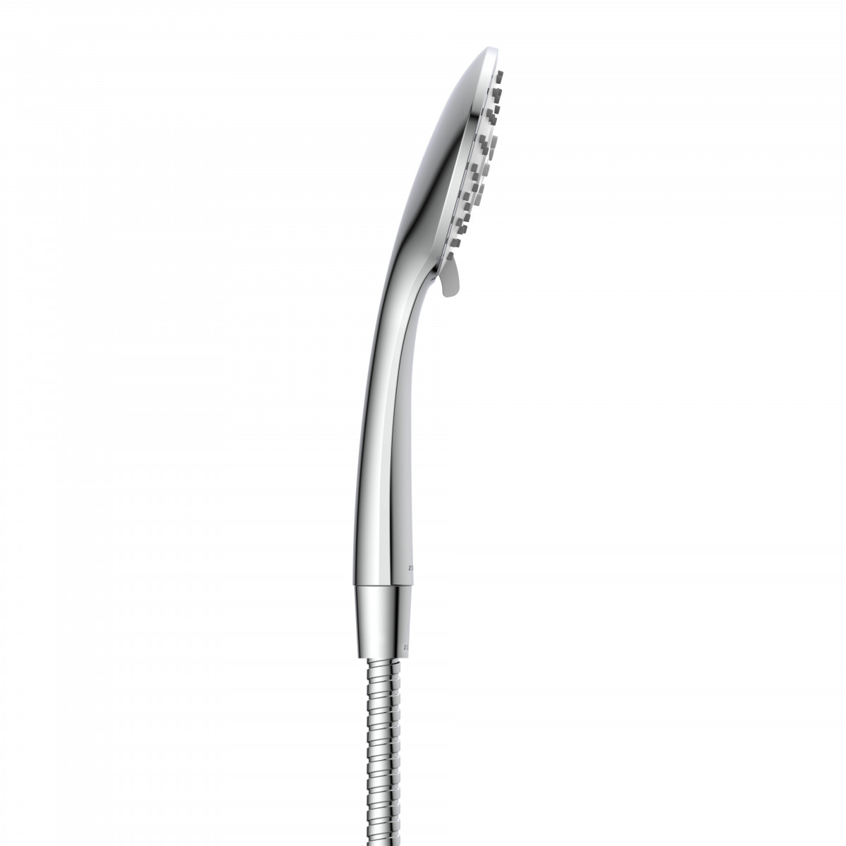 Handbrause aus Metall mit flexiblem Schlauch und Düsenkopf, Seitenansicht