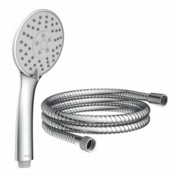 Chromfarbene Handbrause mit rundem Duschkopf und flexiblem Metallschlauch.