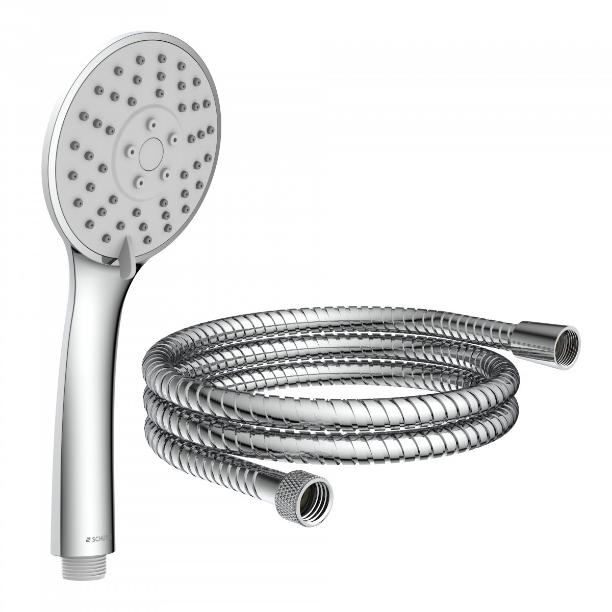 Chromfarbene Handbrause mit rundem Duschkopf und flexiblem Metallschlauch.