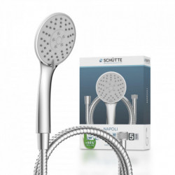 Runde Handbrause mit verchromtem Griff und flexiblem Metallschlauch vor Verpackung