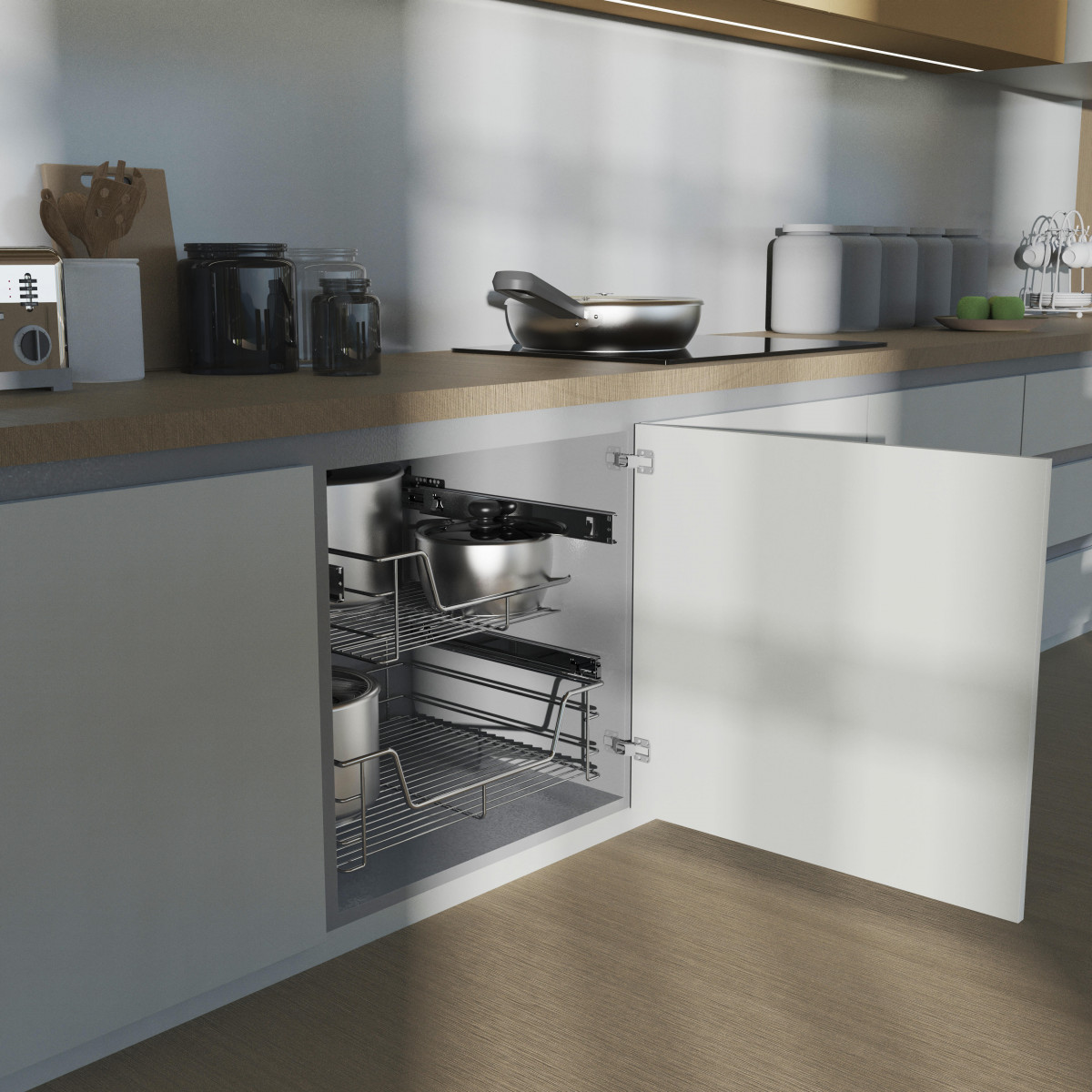 Verchromte Telespkopschublade in einem Küchenschrank