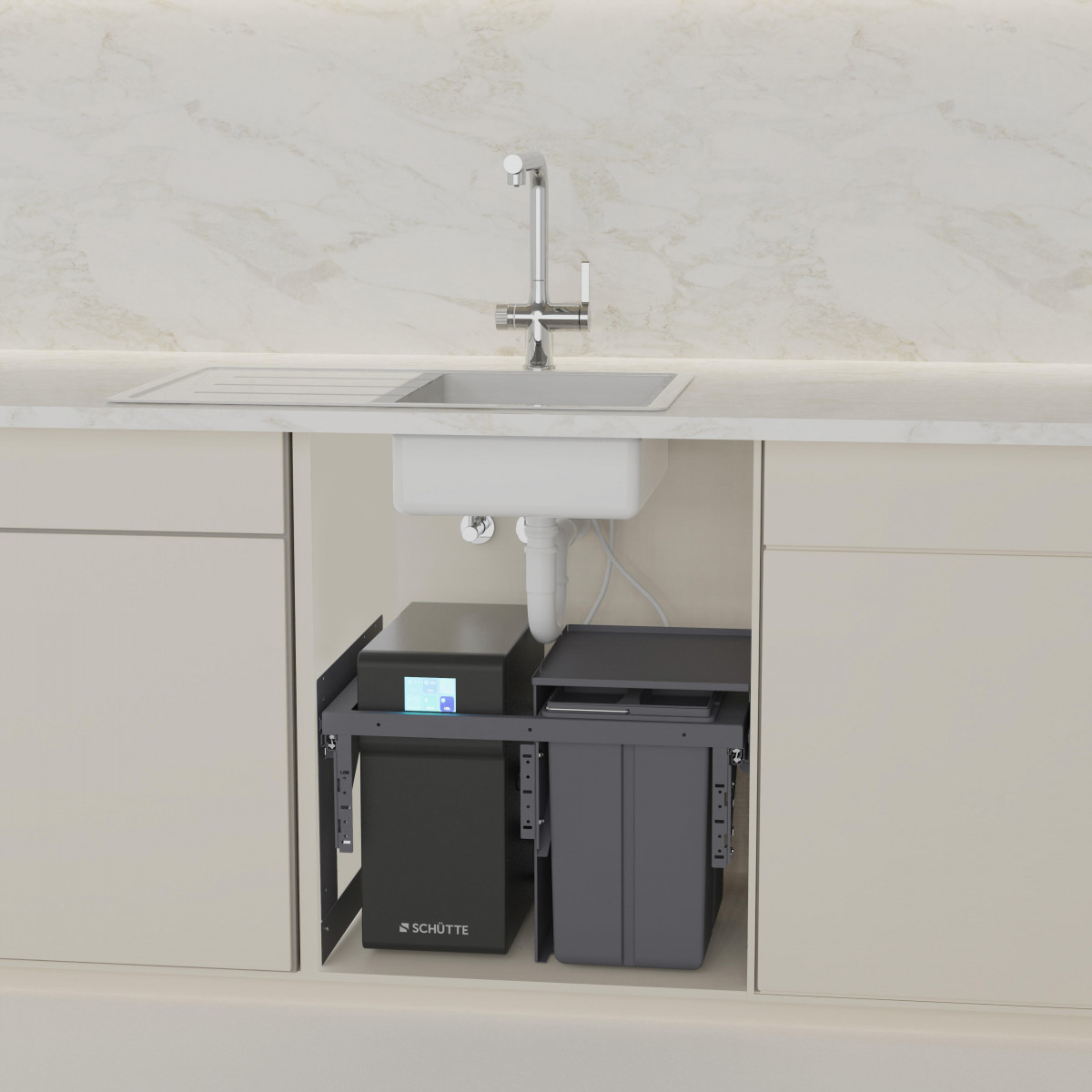 Unterspülschrank mit eingebautem Wasserfiltersystem und Mülltrennung