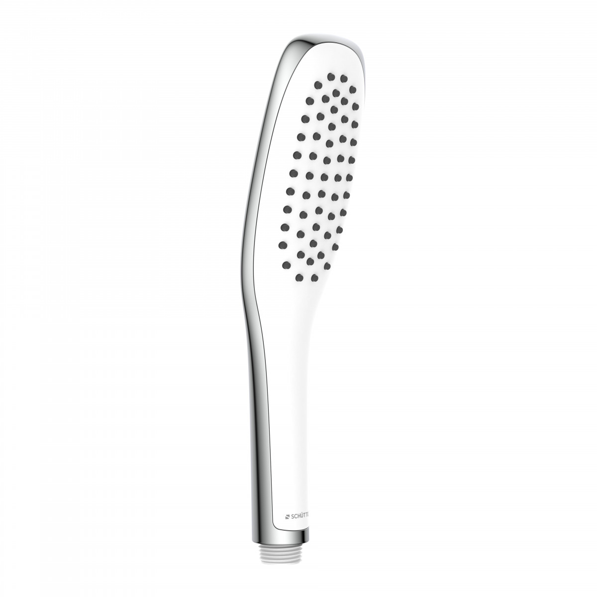 Schmale Handbrause in Chrom mit ovalem Kopf und dunklen Noppen.