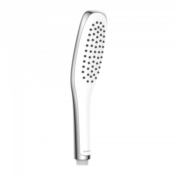 Schmale Handbrause in Chrom mit ovalem Kopf und dunklen Noppen.