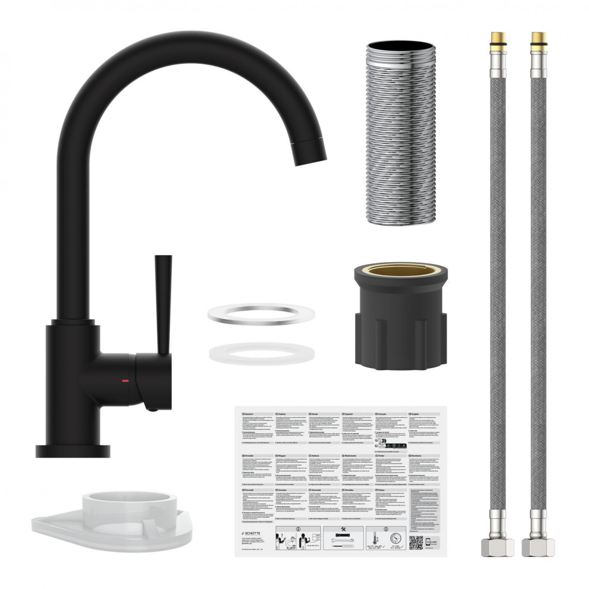 Schwarze Küchenarmatur mit gebogenem Auslauf, Hebel und Montageset mit Schläuchen
