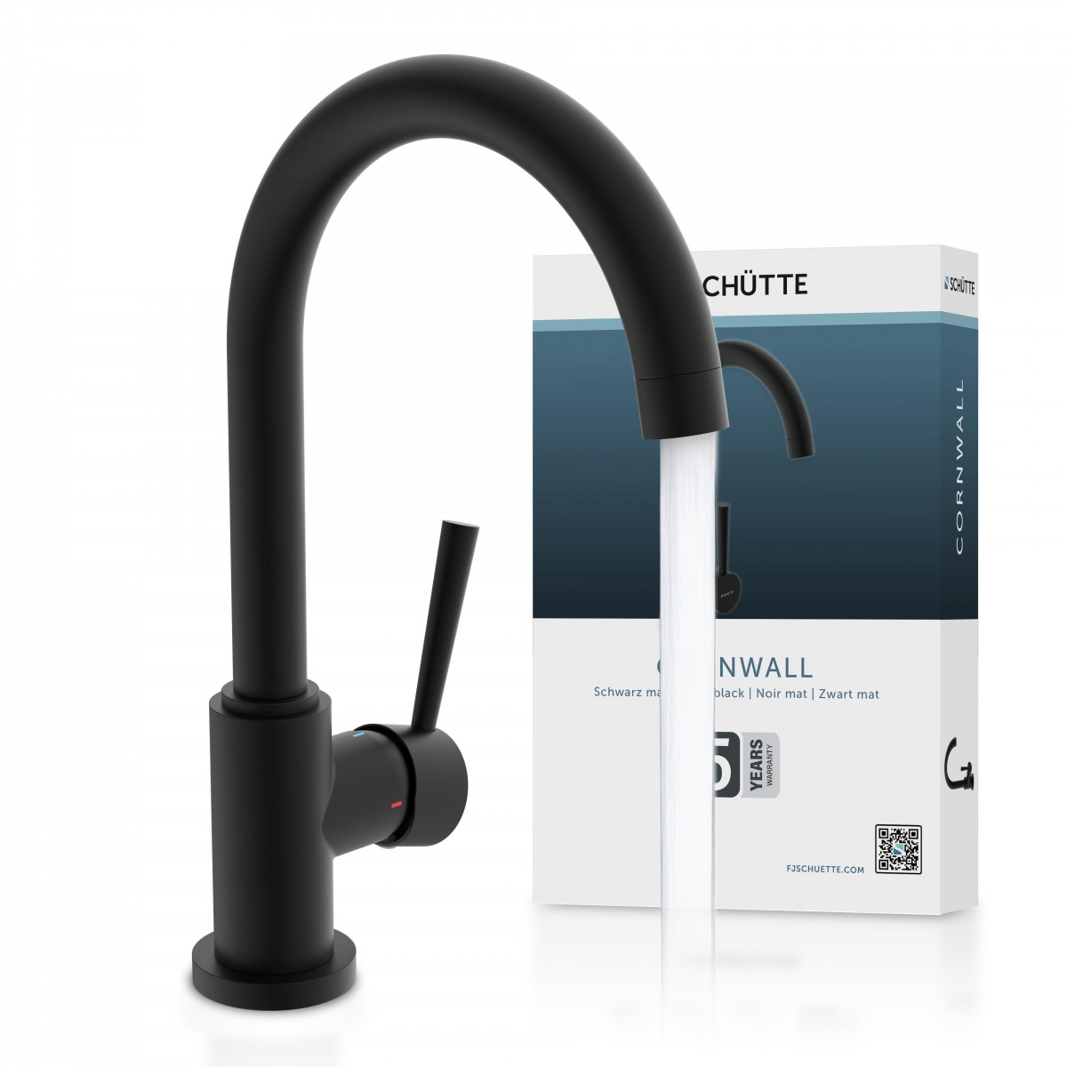 Schwarze Küchenarmatur mit hohem gebogenem Auslauf und seitlichem Hebel, Wasserstrahl sichtbar