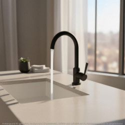 Schwarze Küchenarmatur mit gebogenem Auslauf und Hebel über weißem Spülbecken.