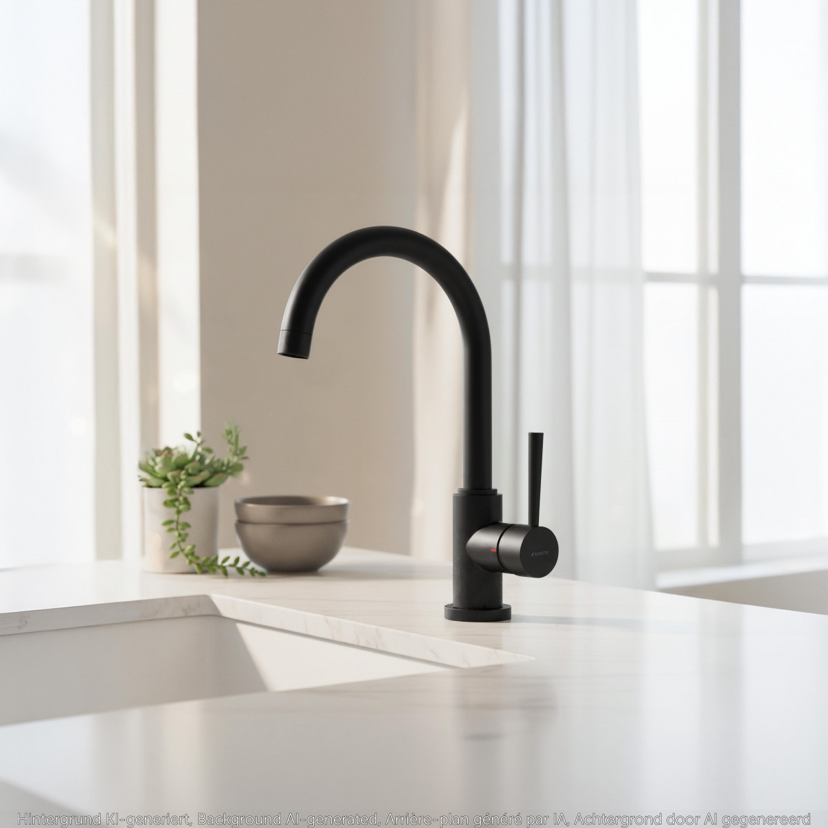 Schwarze Küchenarmatur mit gebogenem Auslauf und seitlichem Hebel am Waschbecken.