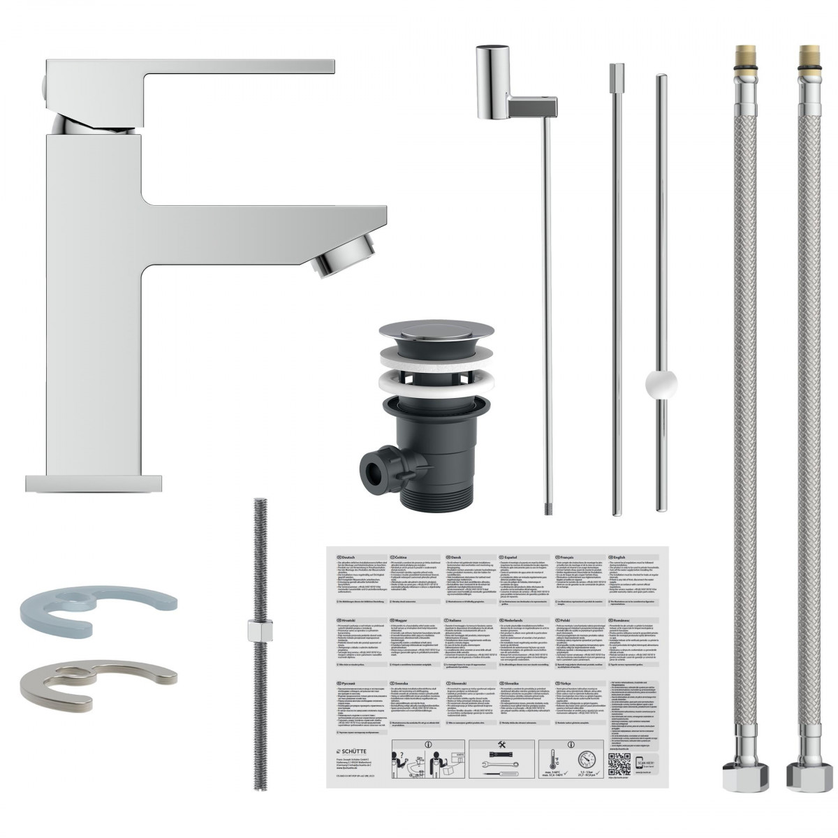 Einzelteile eines Waschbeckenarmaturen-Sets mit Mischbatterie, Ablaufgarnitur, Schläuchen und Zubehör.