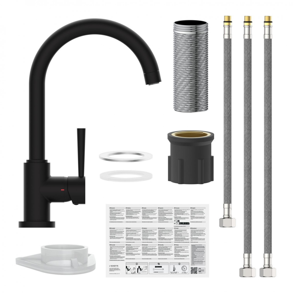 Schwarze Küchenarmatur mit gebogenem Auslauf, Hebel und Montageset.