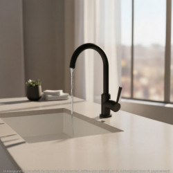 Schwarze Küchenarmatur mit gebogenem Auslauf und seitlichem Hebel, Wasser läuft ins Spülbecken.